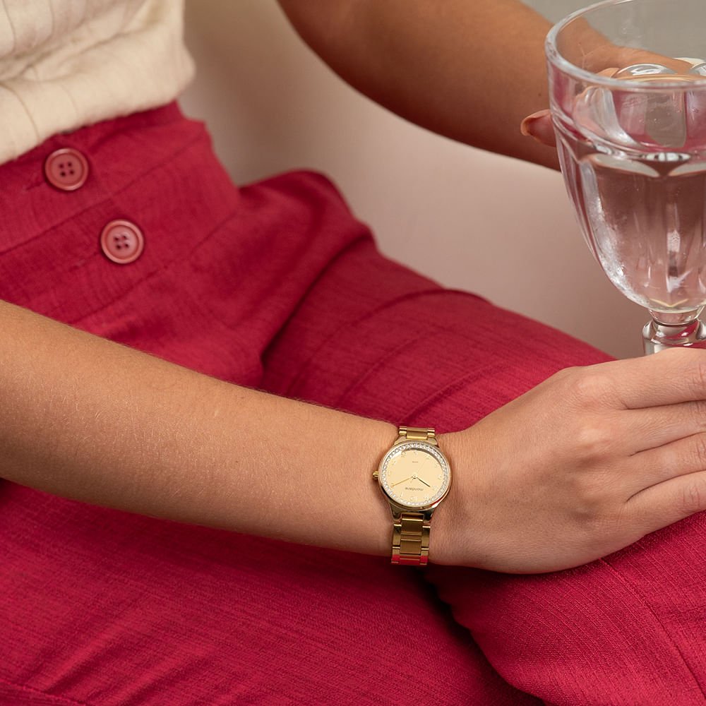 Kit Relógio Feminino Espelhado Dourado Com Brinco Cristais Dourado 3