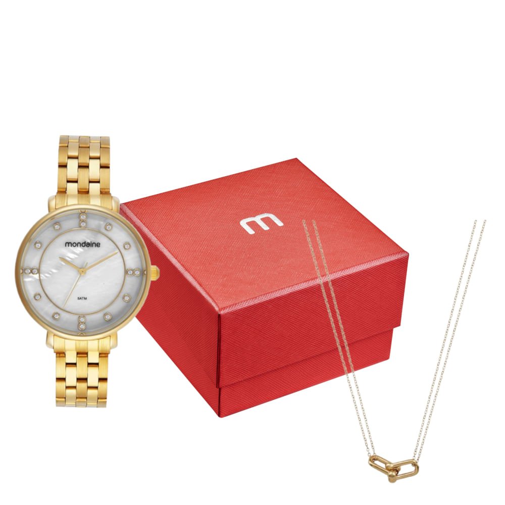 Kit Relógio Feminino Madrepérola Dourado Com Colar Corrente Dourado 5