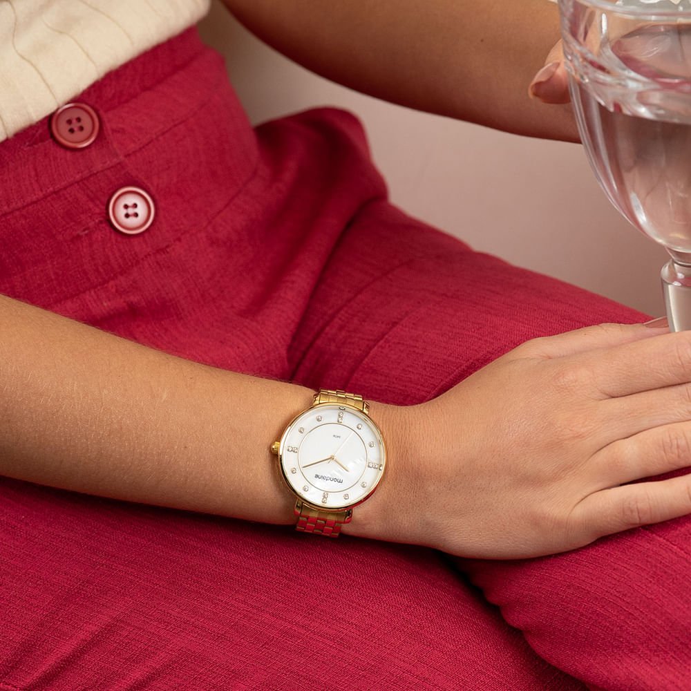 Kit Relógio Feminino Madrepérola Dourado Com Colar Corrente Dourado 4