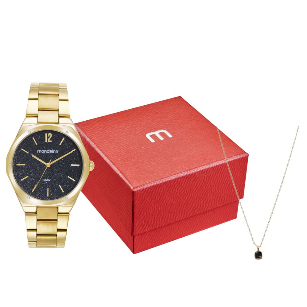 Kit Relógio Feminino Glitter Dourado Com Colar Cristais