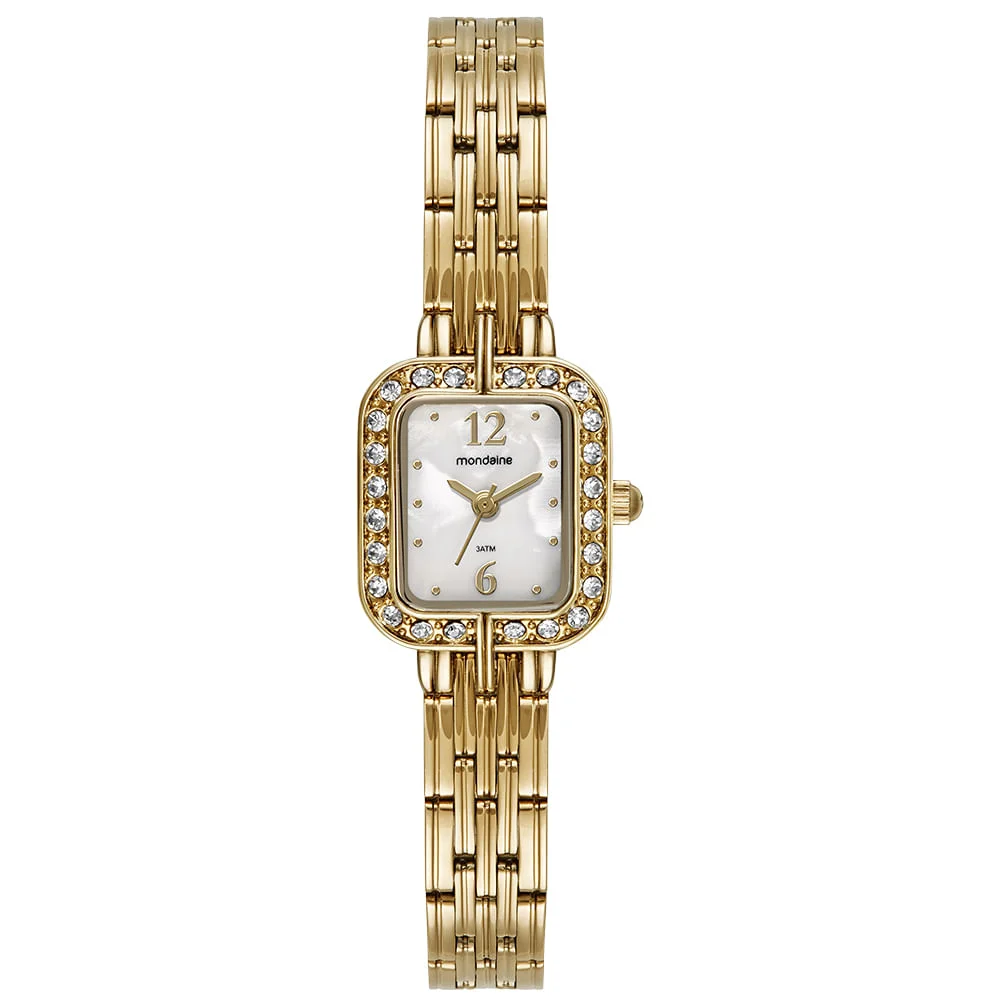 Relógio Feminino Quadrado Madrepérola Cristais Dourado
