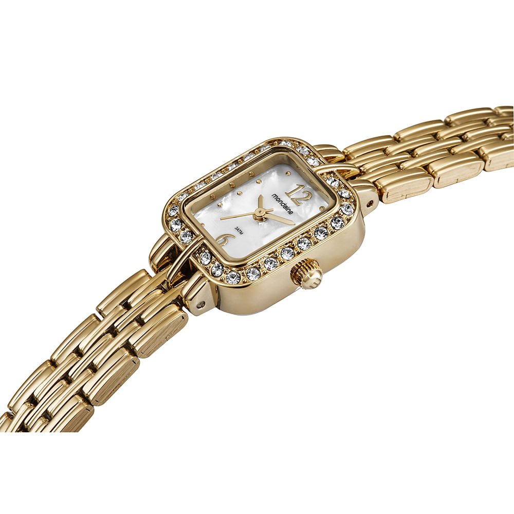 Relógio Feminino Quadrado Madrepérola Cristais Dourado Dourado 2