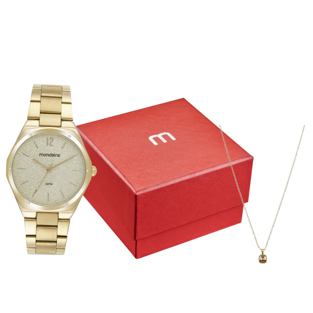 Kit Relógio Feminino Glitter Dourado Com Colar