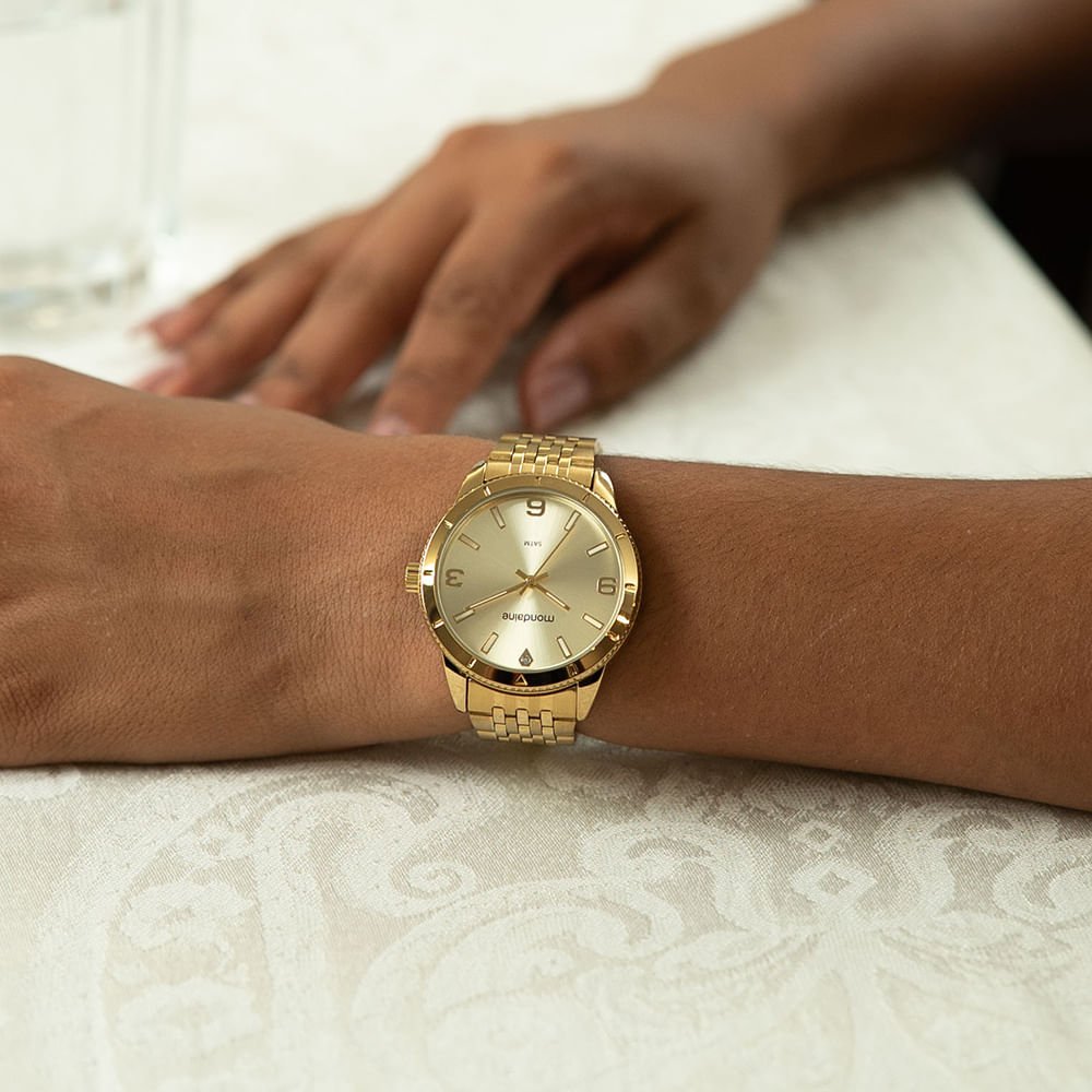 Relógio Feminino Dourado Caixa Serrilhada Estojo Mini Bolsa Dourado 2