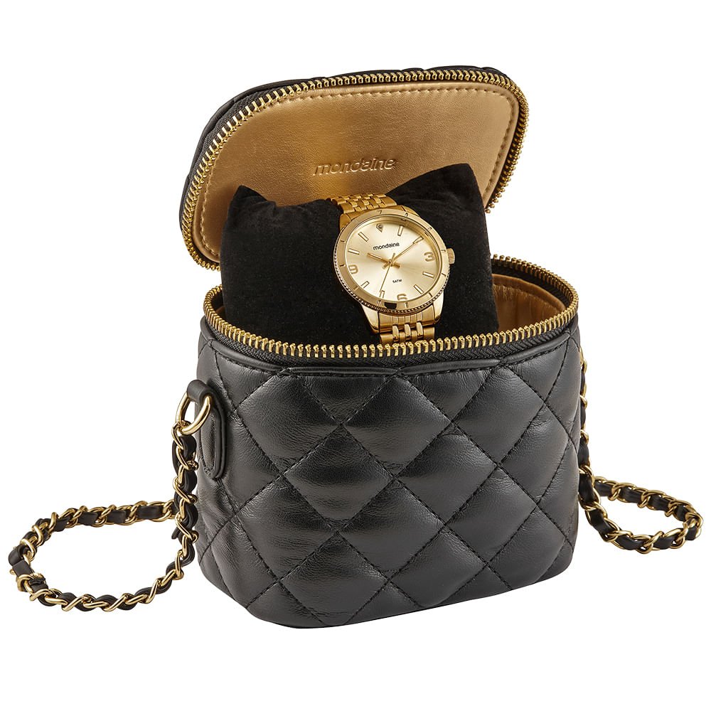 Relógio Feminino Dourado Caixa Serrilhada Estojo Mini Bolsa Dourado 3