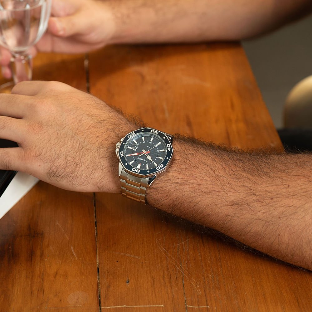 Relógio Masculino Octagonal Lupa Calendario Prata Prata 2