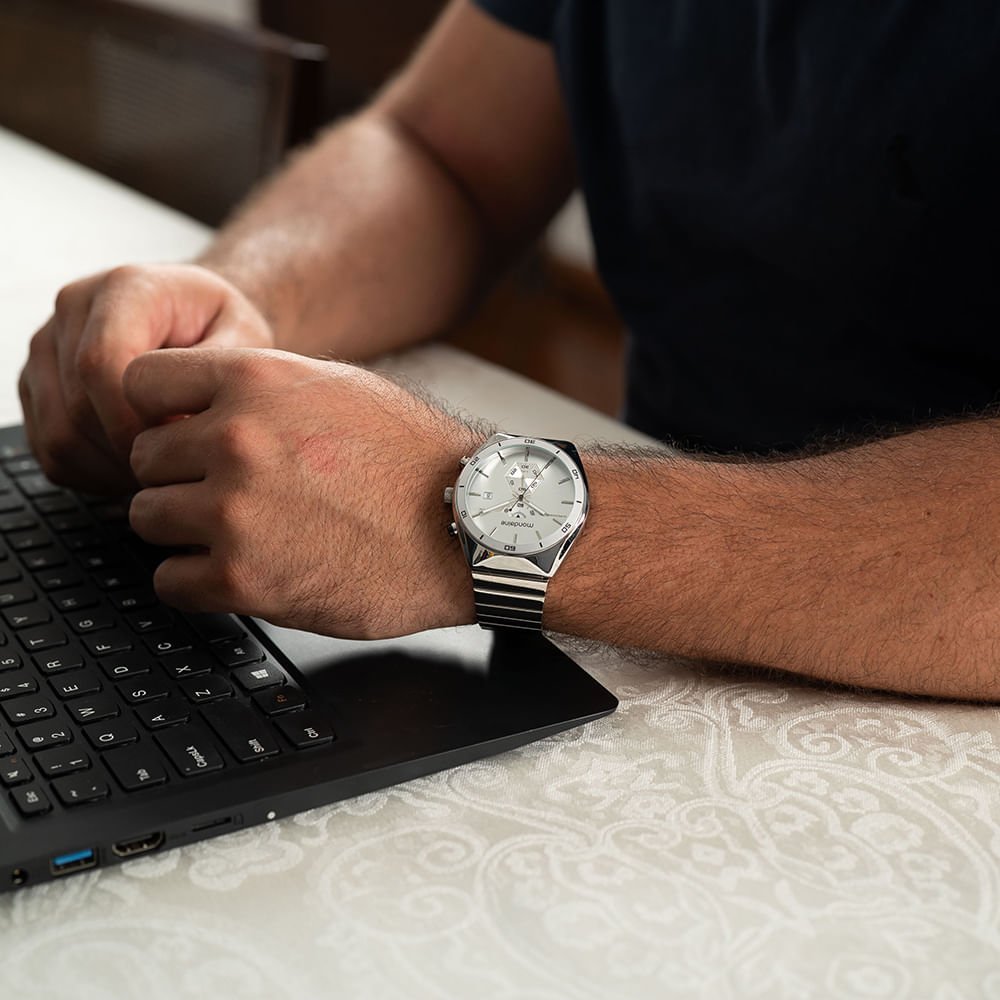 Relógio Masculino Cronógrafo Prata Mostrador em Camadas Prata 3