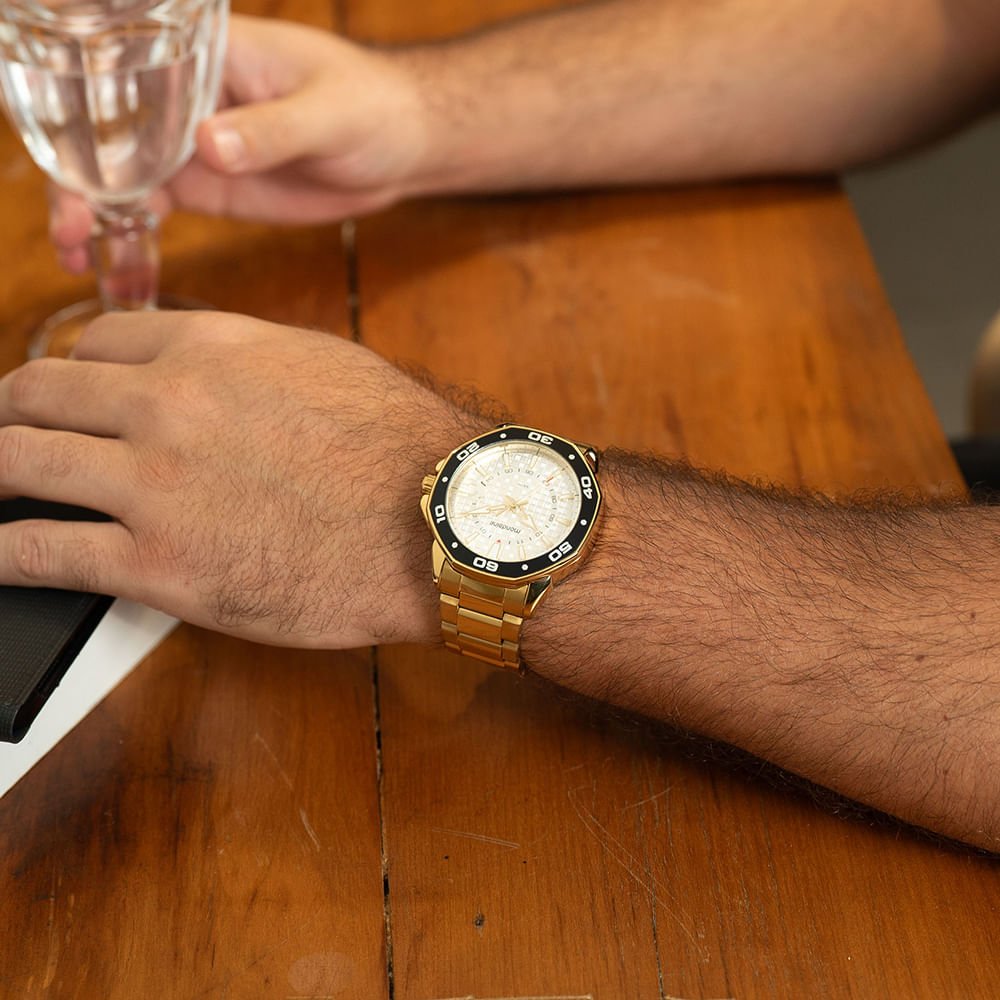 Relógio Masculino Octagonal Lupa Calendario Dourado Dourado 3