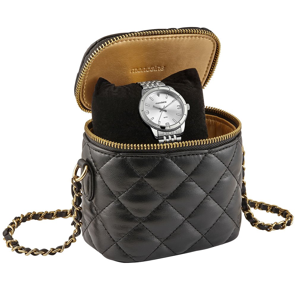 Relógio Feminino Prata Caixa Serrilhada Estojo Mini Bolsa Prata 3