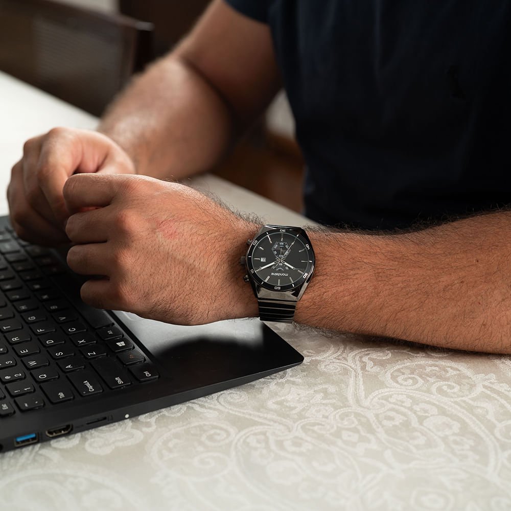 Relógio Masculino Cronógrafo Preto Mostrador em Camadas Preto 3
