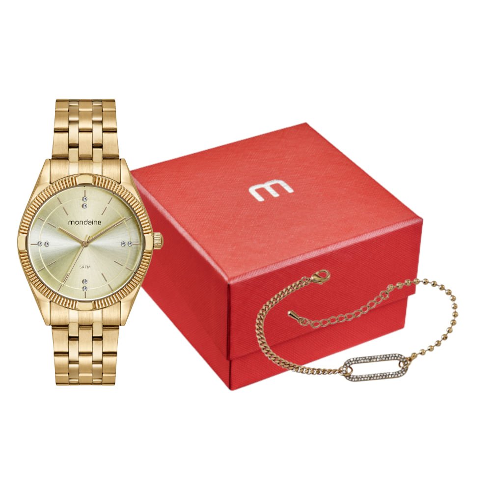 Kit Relógio Feminino Dourado Com Pulseira de Corrente Dourado 1