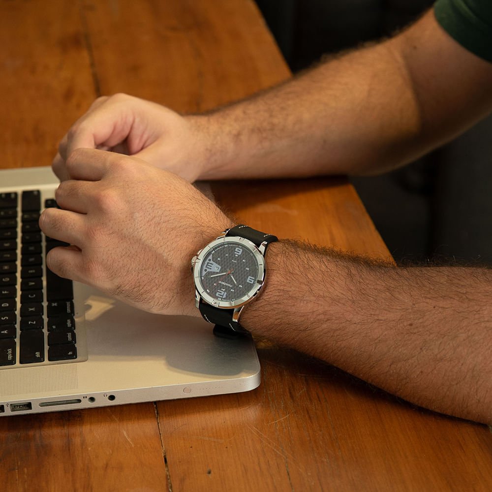 Relógio Masculino Prata Calendário e Duplo Horário Preto 2