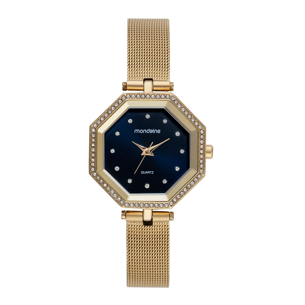 Relógio Feminino Dourado Malha de Aço Cristais Cravejados