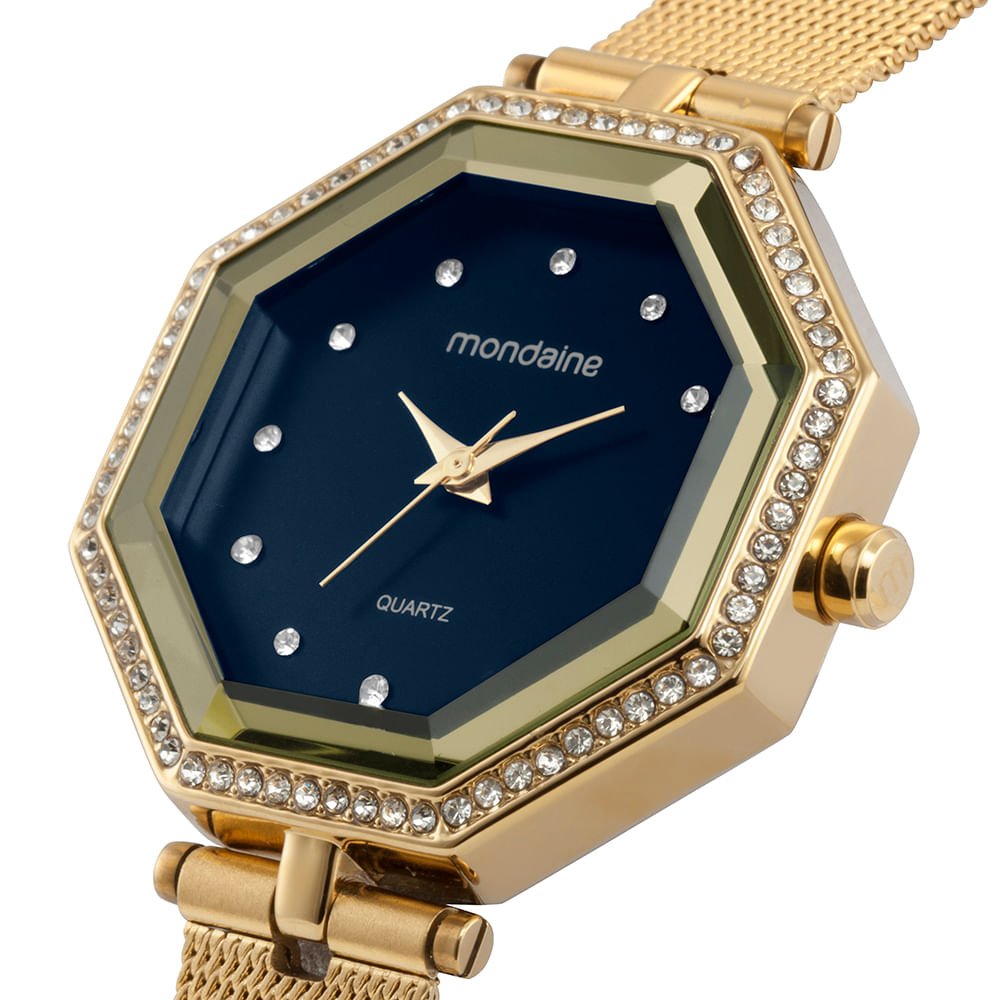 Relógio Feminino Dourado Malha de Aço Cristais Cravejados Dourado 2