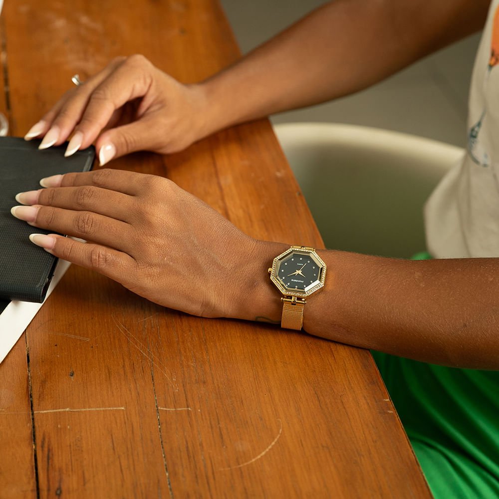 Relógio Feminino Dourado Malha de Aço Cristais Cravejados Dourado 3
