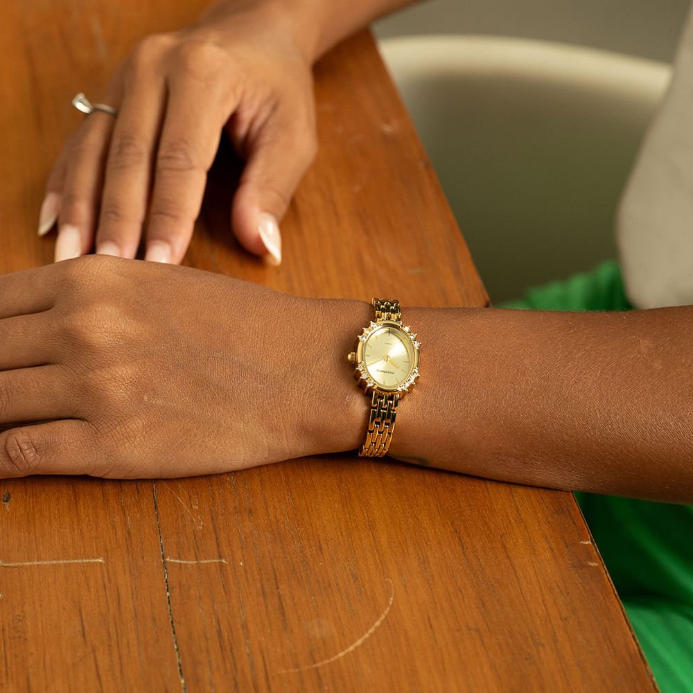Relógio Feminino Oval Clássico Dourado Dourado 3