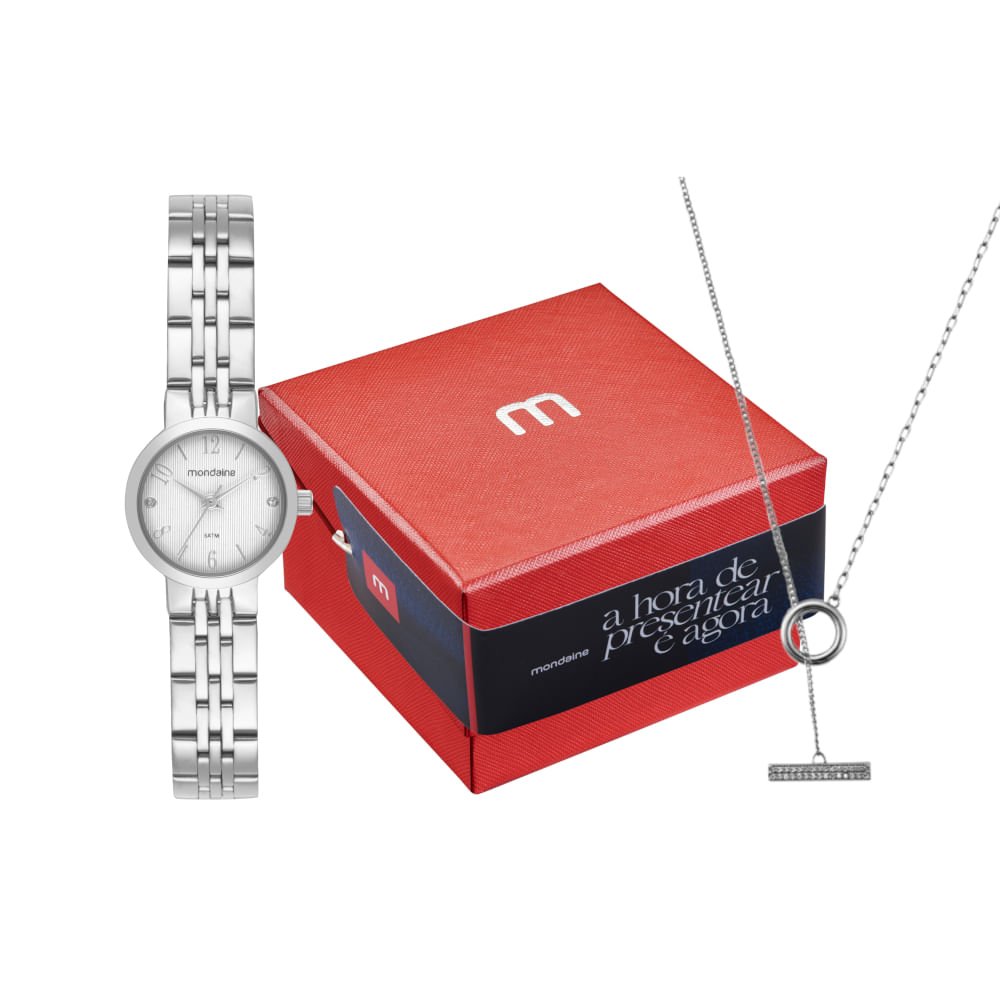 Kit Relógio Feminino Cristais Cromado com Colar cristais