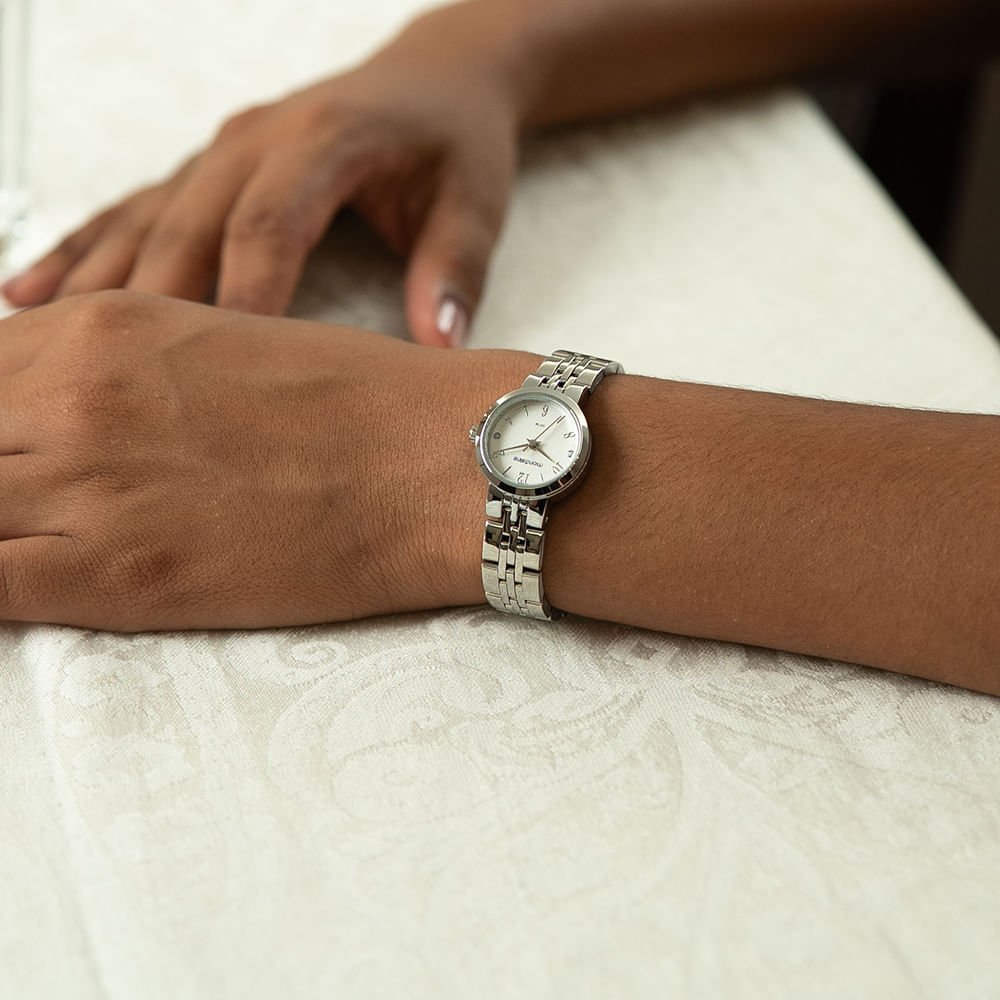 Kit Relógio Feminino Cristais Cromado com Colar cristais Prata 3