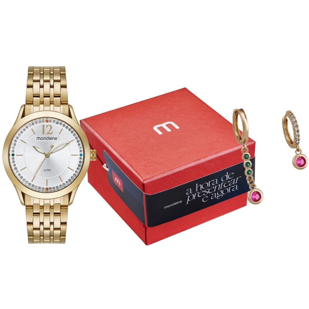 Kit Relógio Feminino Dourado Com Brincos Cristais Coloridos