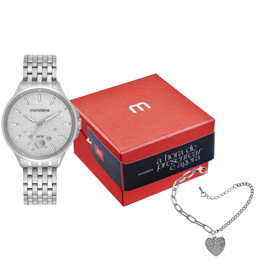 Kit Relógio Feminino Cromado Glitter Bracelete de Coração