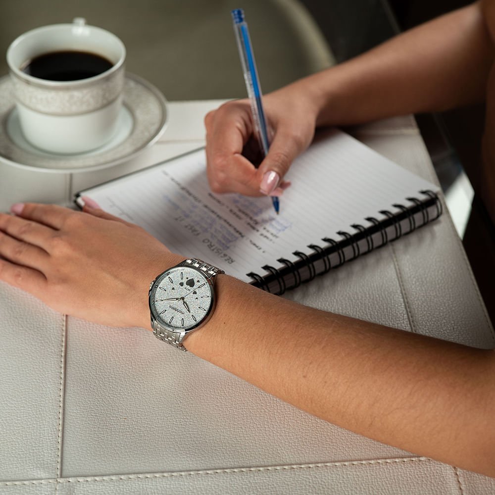 Kit Relógio Feminino Cromado Glitter Bracelete de Coração Prata 4