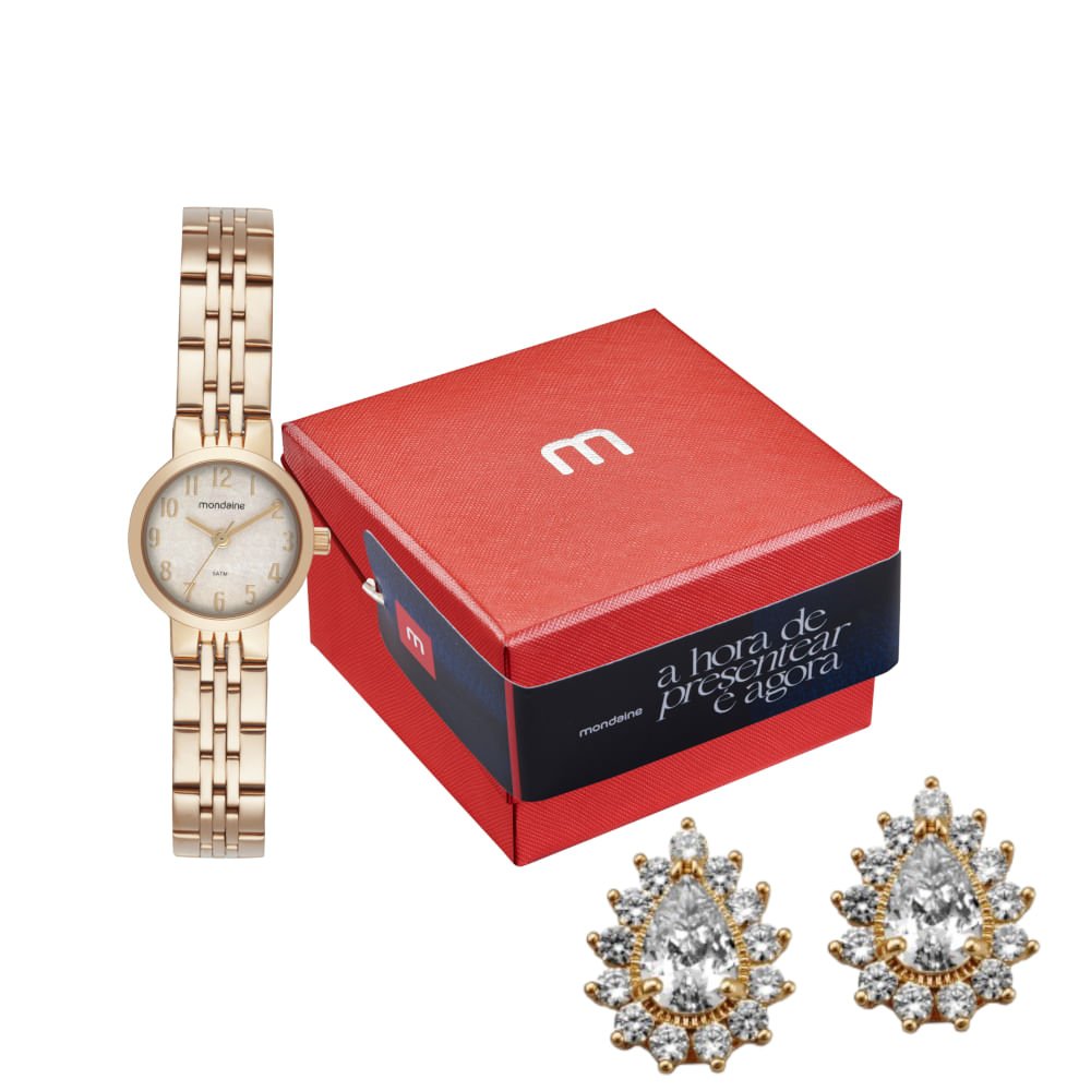 Kit Relógio Feminino Dourado com Brincos de cristais