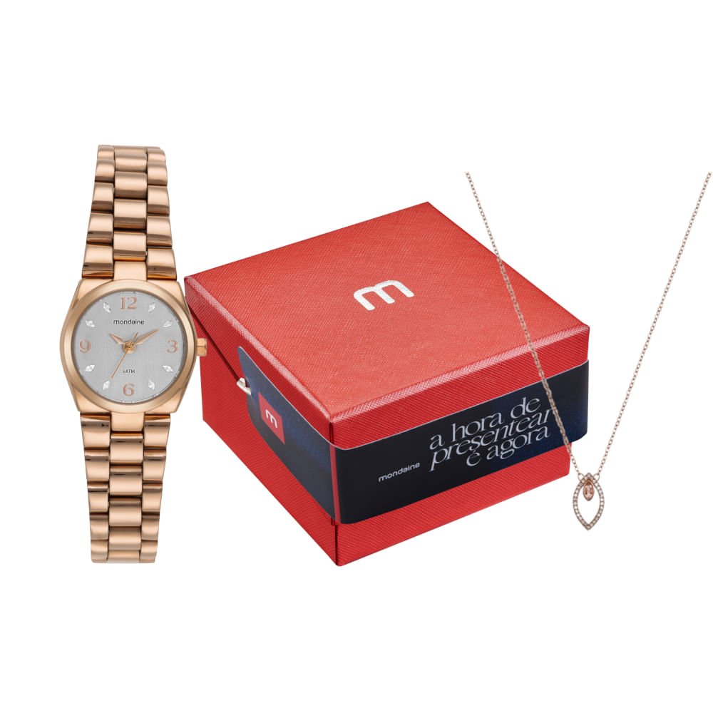 Kit Relógio Feminino Rosé Aço Escovado com Colar Cristais