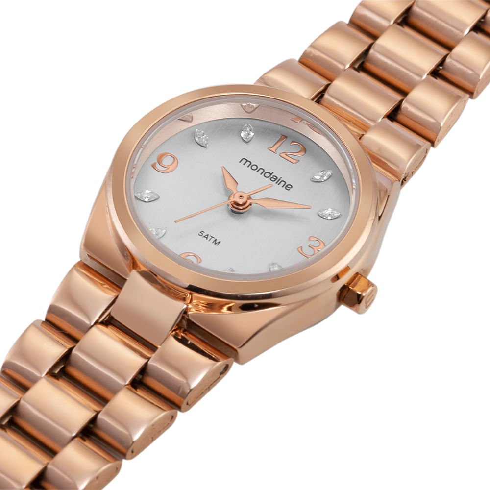 Kit Relógio Feminino Rosé Aço Escovado com Colar Cristais Dourado 3