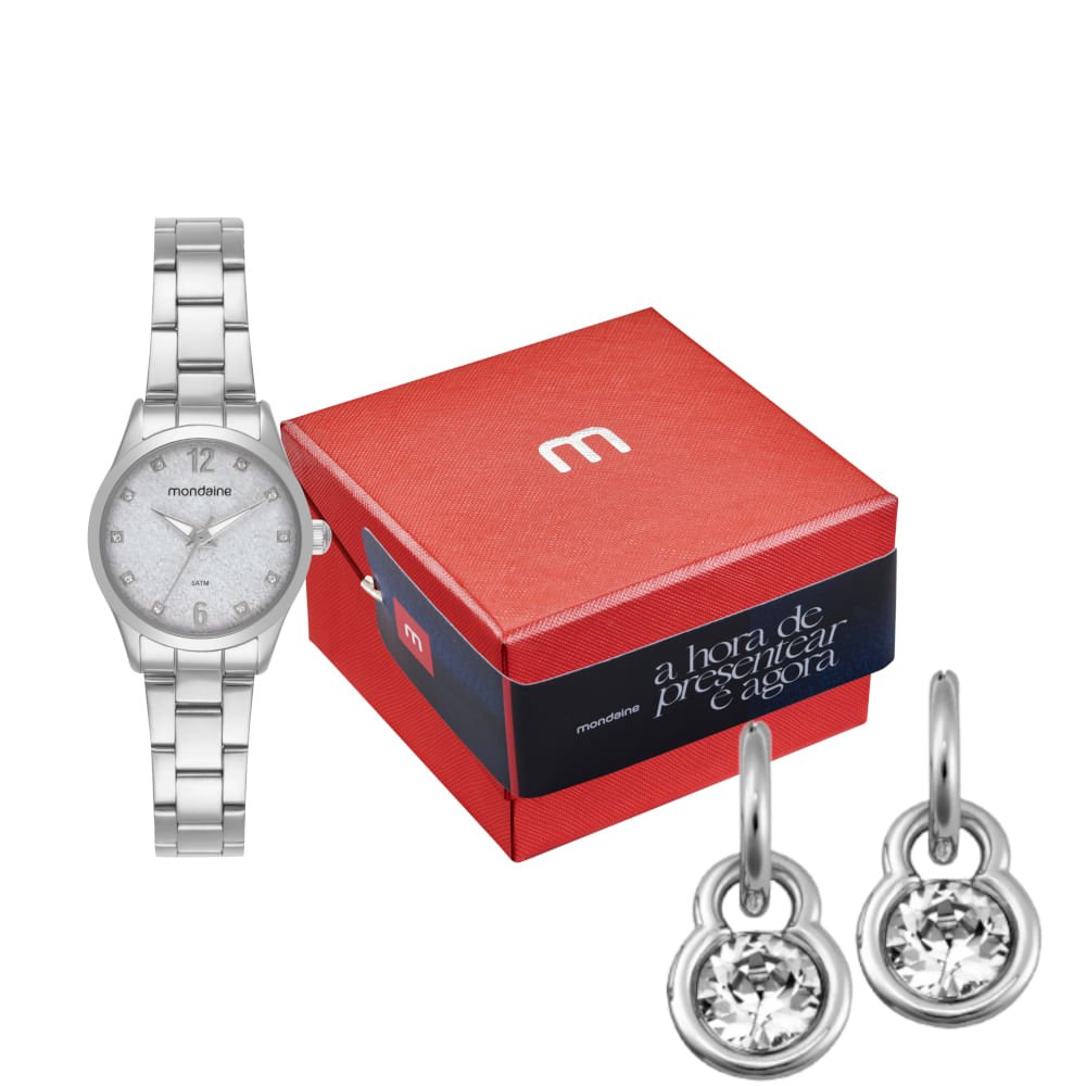 Kit Relógio Feminino Cromado Efeito Luminoso Com Brincos