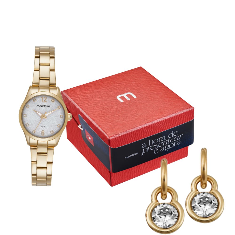 Kit Relógio Feminino Dourado Efeito Luminoso Com Brincos