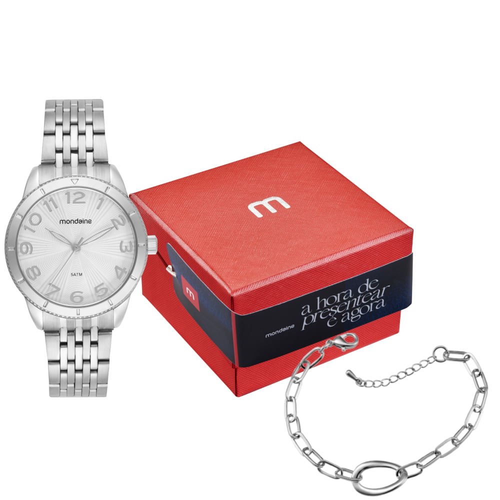 Kit Relógio Feminino Textura Cromado com Pulseira