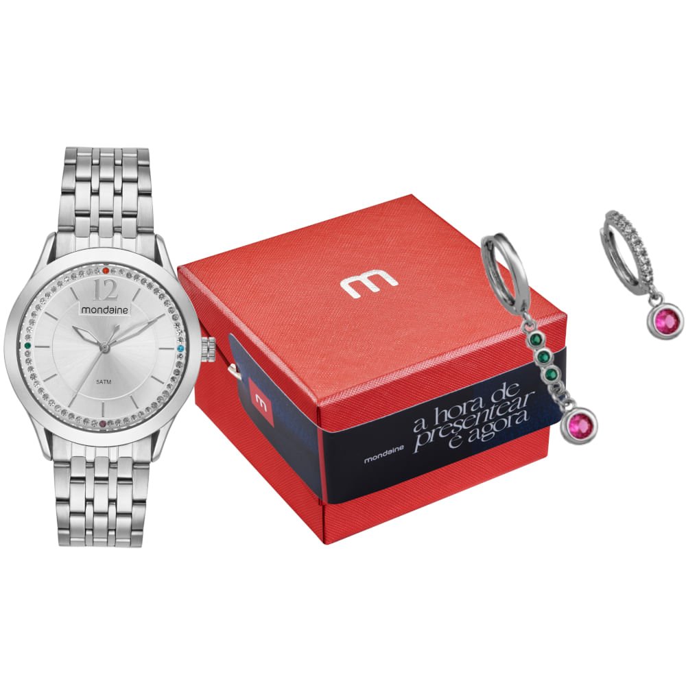 Kit Relógio Feminino Prata Com Brincos Cristais Coloridos