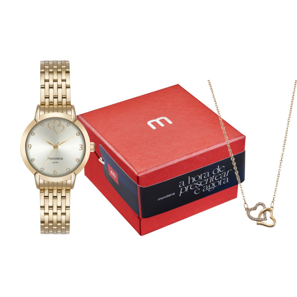 Kit Relógio Feminino Dourado Metálico com Colar de Coração