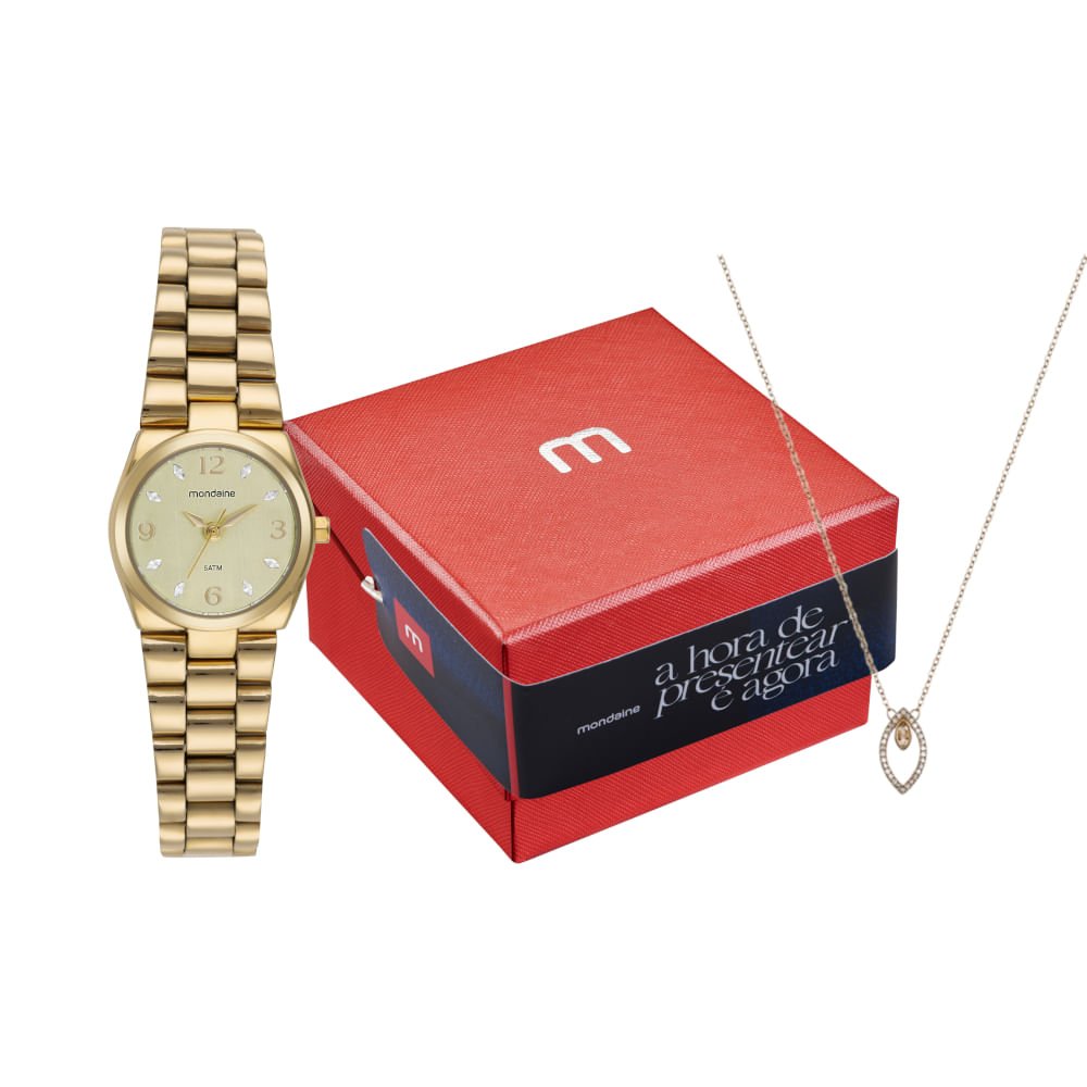 Kit Relógio Feminino Dourado Aço Escovado com Colar Cristais Dourado 1