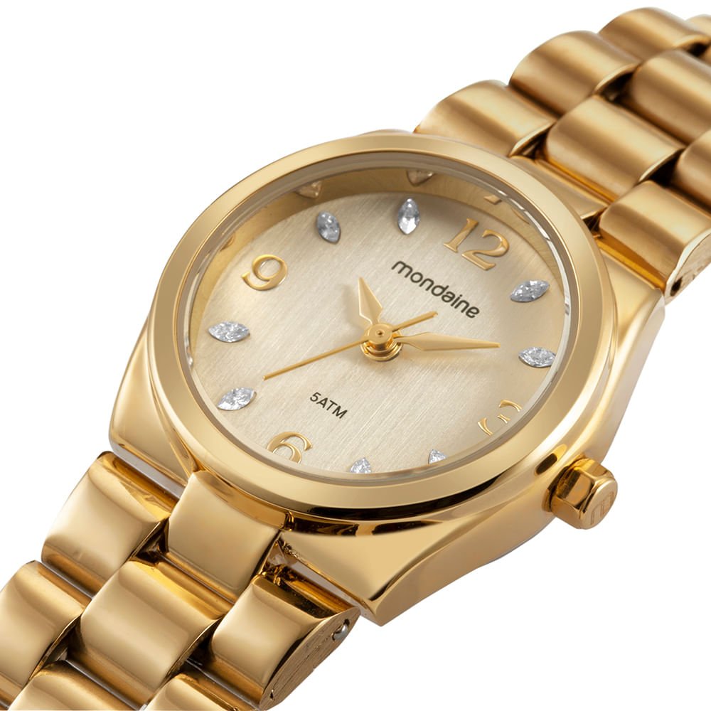 Kit Relógio Feminino Dourado Aço Escovado com Colar Cristais Dourado 3