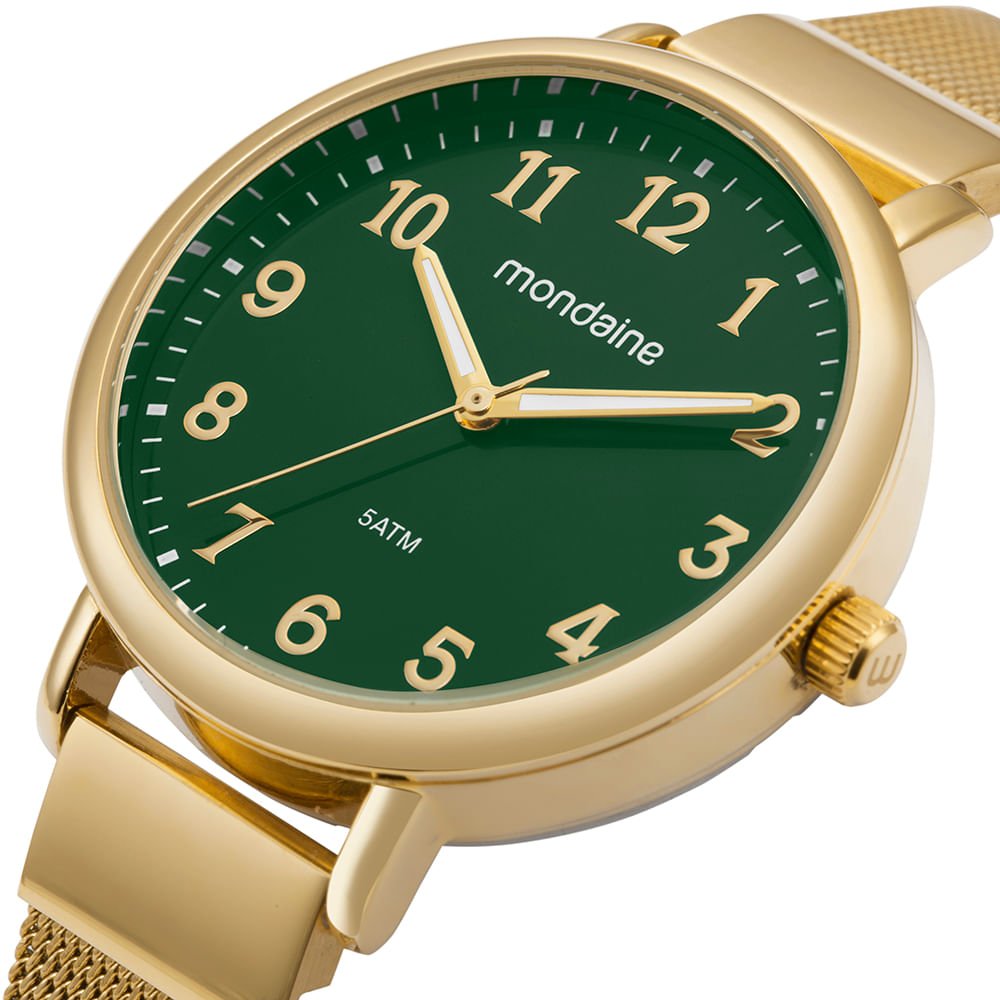 Relógio Feminino Mostrador Verde Esmaltado Malha de Aço Dourado 2