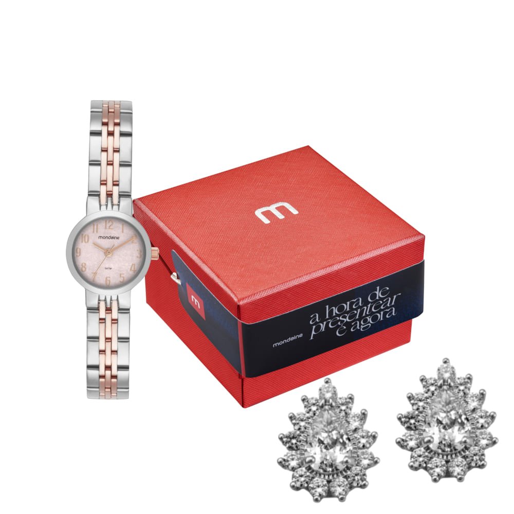 Kit Relógio Feminino Bicolor com Brincos de cristais