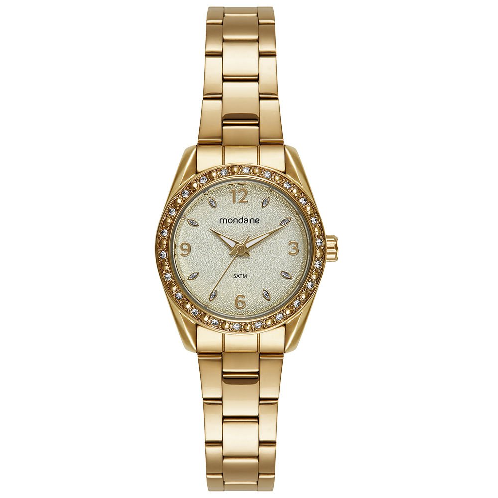 Relógio Feminino Dourado Mostrador Texturizado e Pedras
