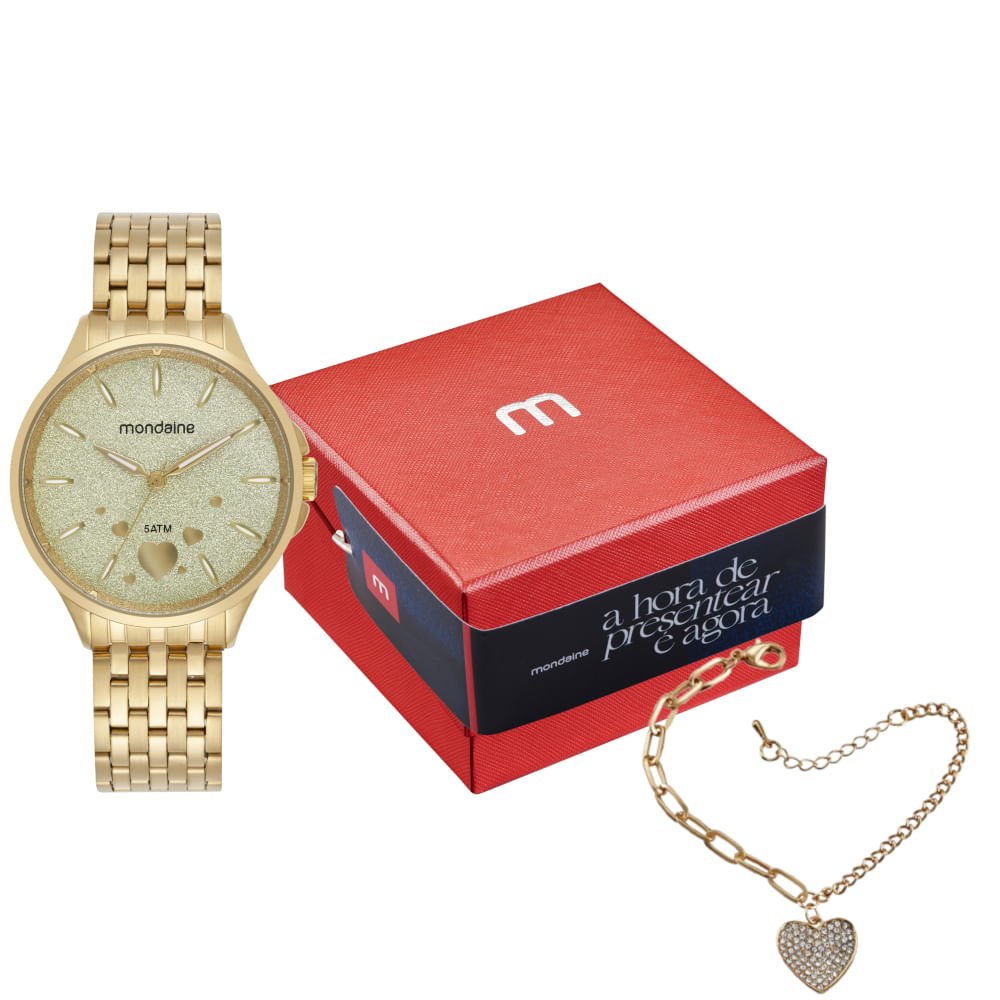 Kit Relógio Feminino Dourado Glitter Bracelete de Coração