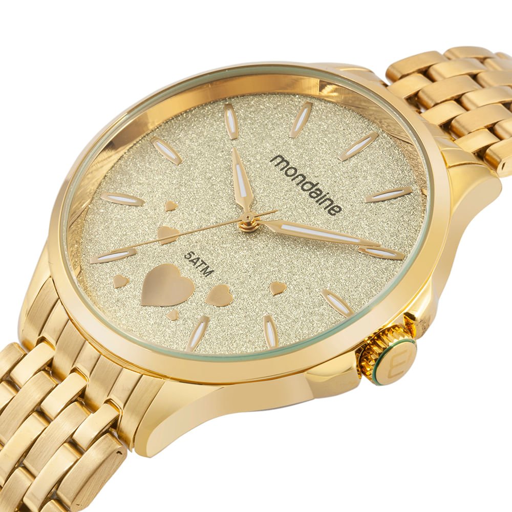 Kit Relógio Feminino Dourado Glitter Bracelete de Coração Dourado 3