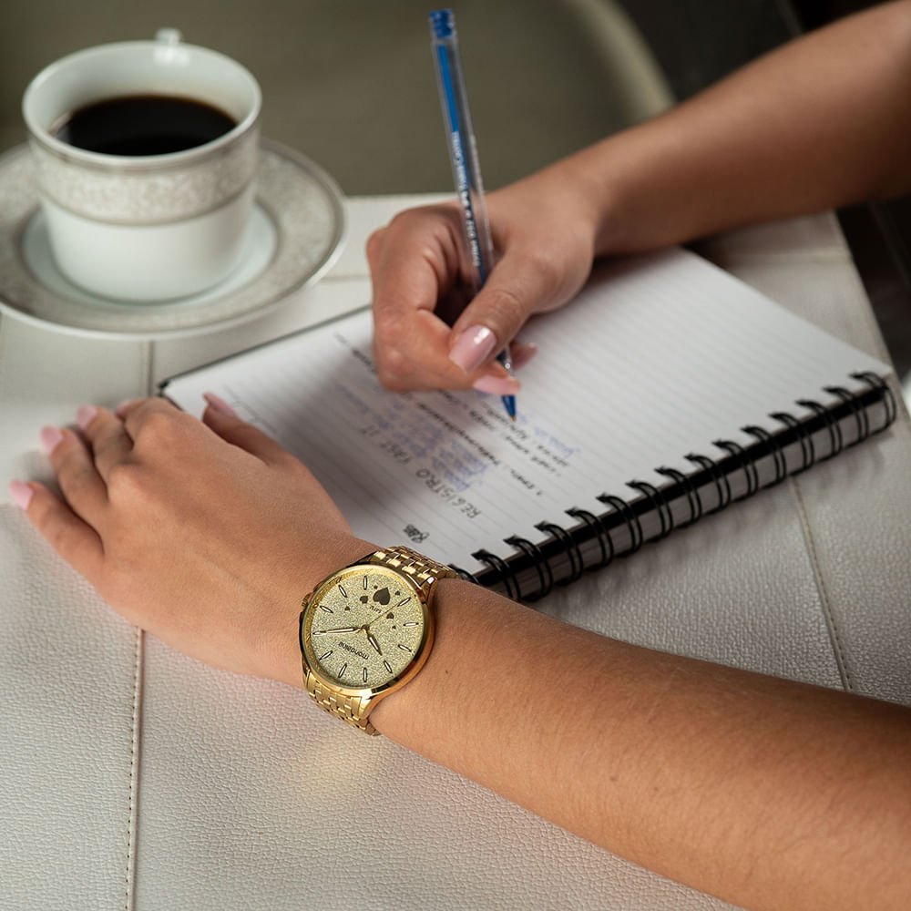 Kit Relógio Feminino Dourado Glitter Bracelete de Coração Dourado 4