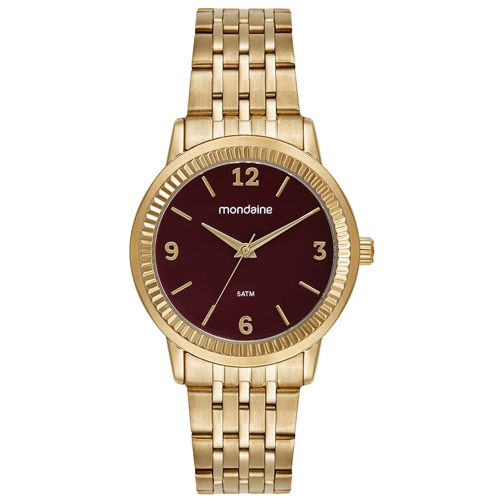 Relógio Feminino Dourado Catraca Serrilhada Vermelho