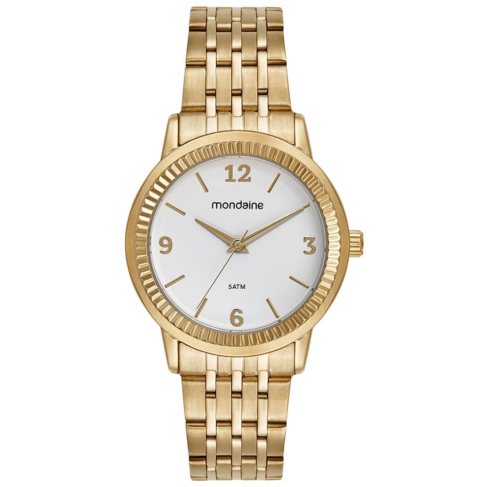 Relógio Feminino Dourado Catraca Serrilhada Mostrador Branco