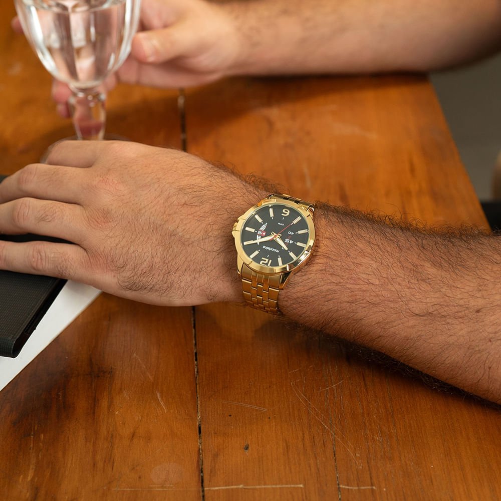 Relógio Masculino Dourado Calendário Mostrador Preto Dourado 2