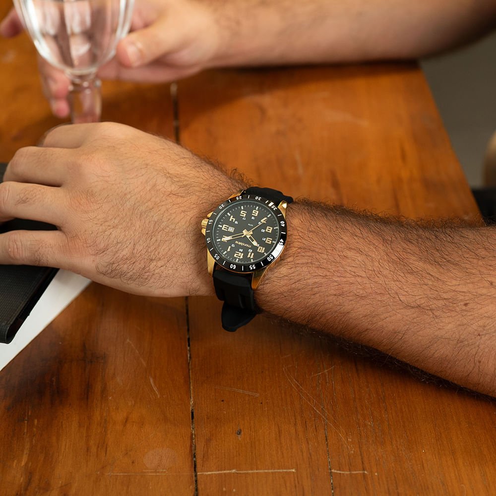 Relógio Masculino Dourado Horário Duplo Calendário Preto 2