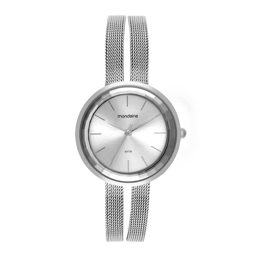 Relógio Feminino Prata Malha Dupla Vidro Facetado