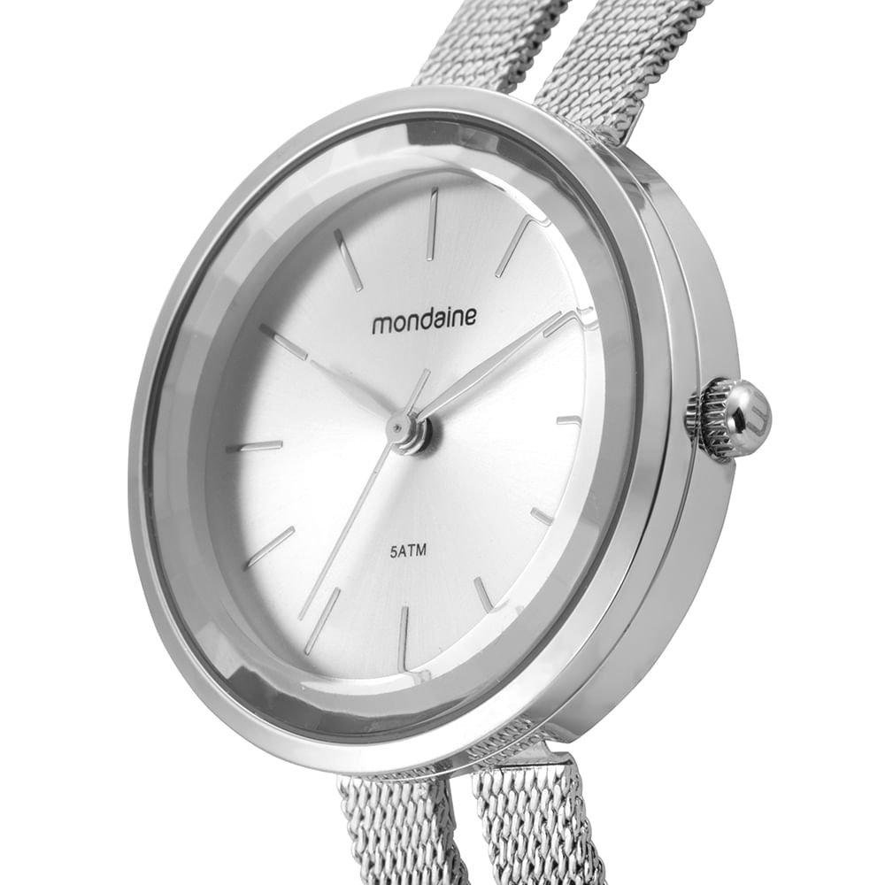 Relógio Feminino Prata Malha Dupla Vidro Facetado Prata 2