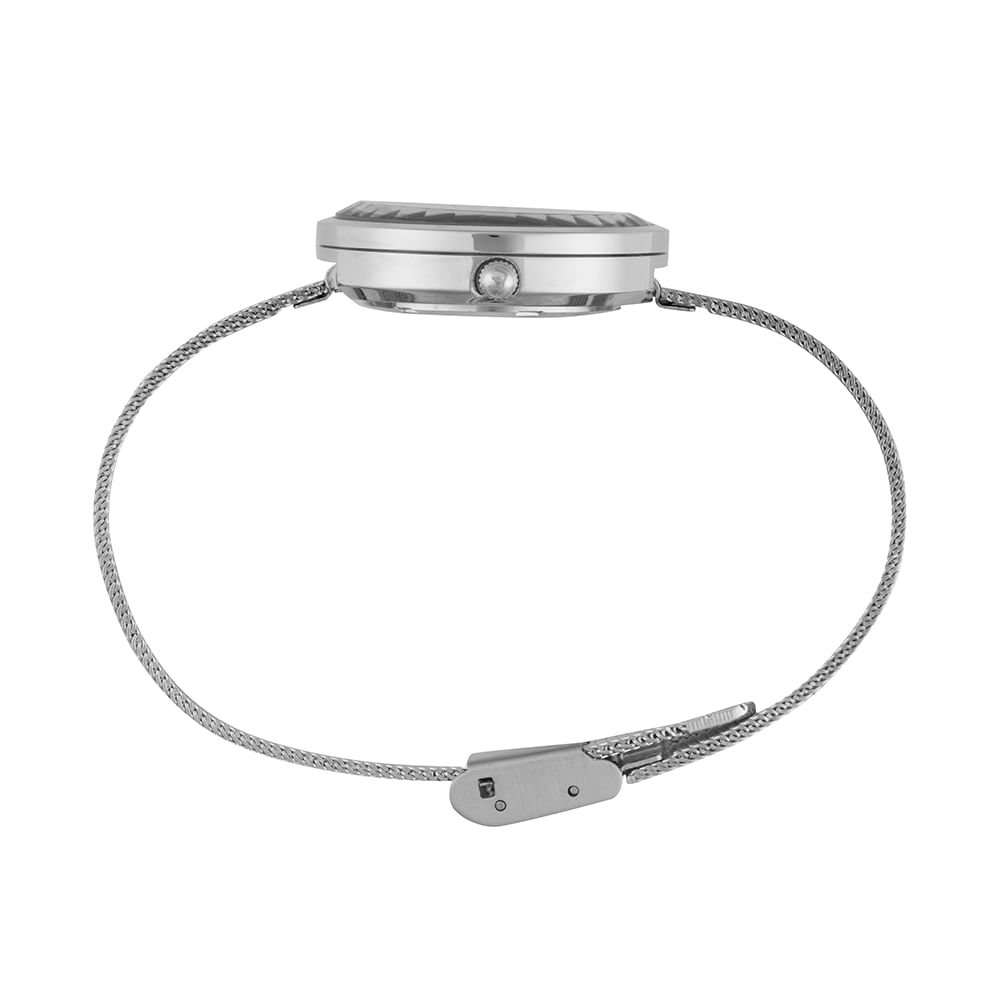 Relógio Feminino Prata Malha Dupla Vidro Facetado Prata 3