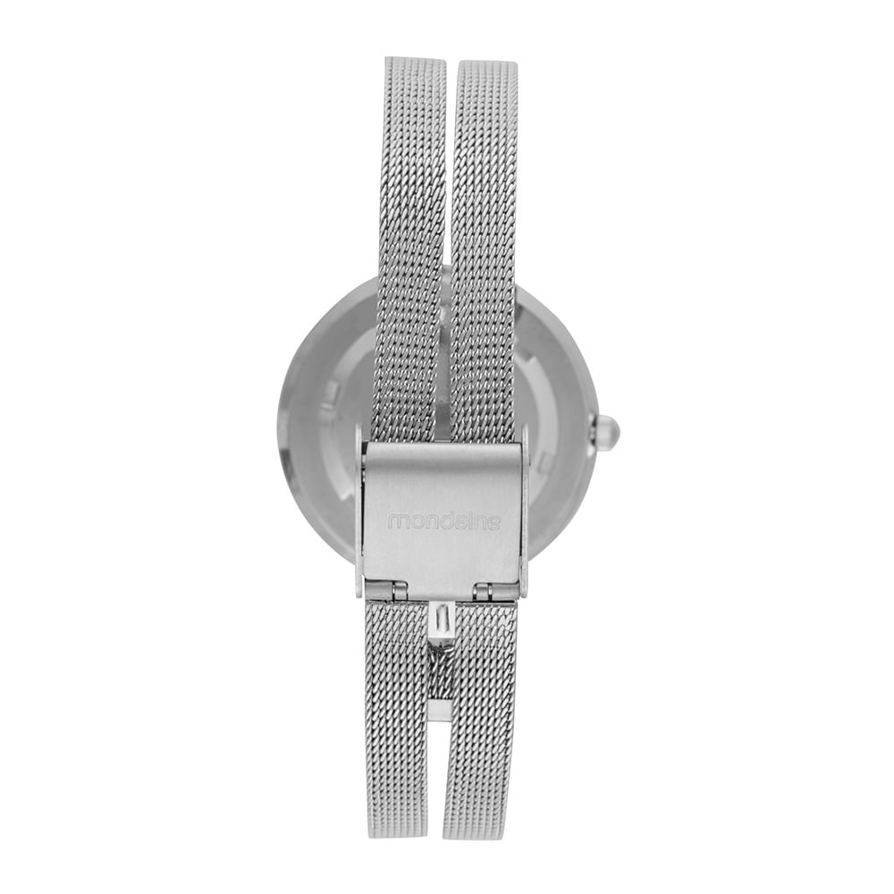 Relógio Feminino Prata Malha Dupla Vidro Facetado Prata 4