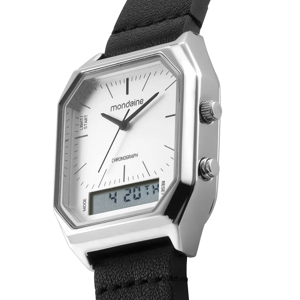 Relógio Masculino Prata Anadigi Vintage Pulseira Couro Preto/Prata 2